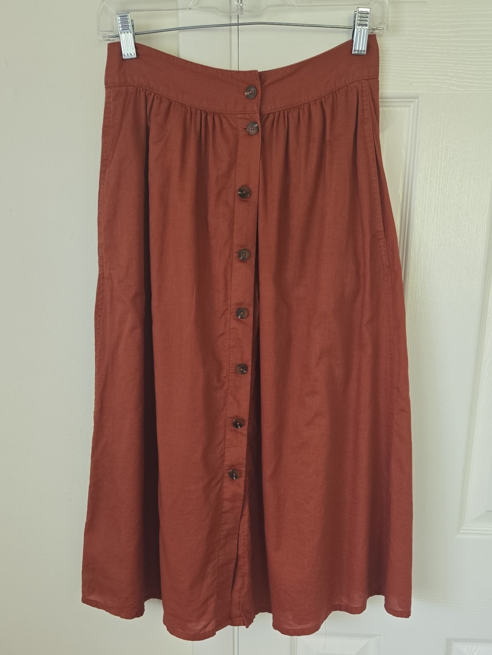 Madewell Patio Button-Front Lined Midi Skirt Rust Brown Size Large NWT - Picture 2 of 11